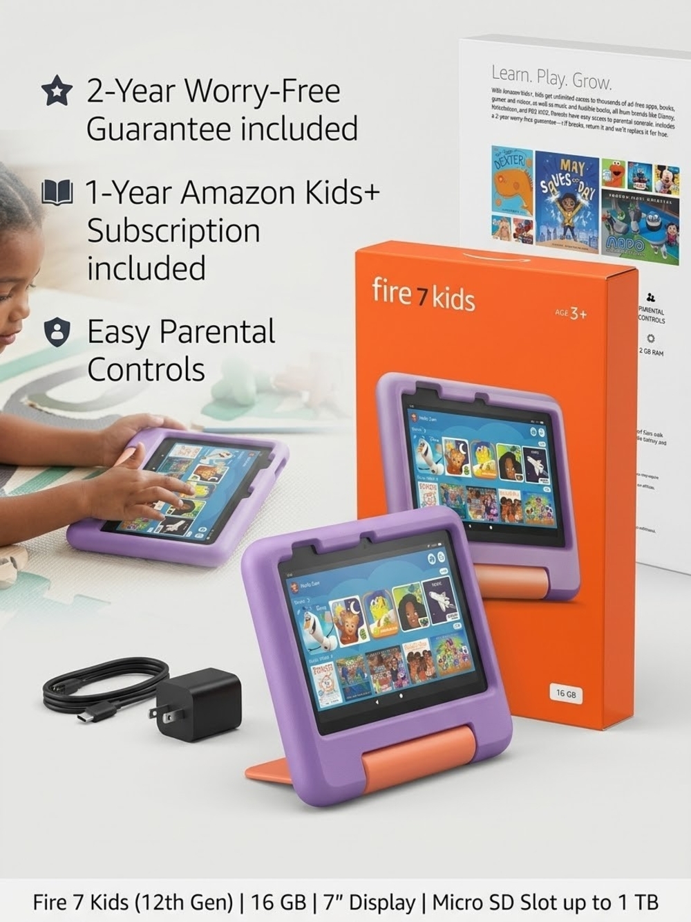 Amazon Fire 7 Kids Tablet in Purple with Orange Stand